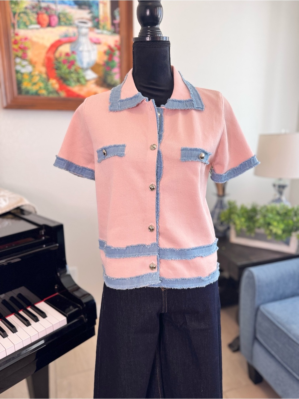Short-Sleeve Knit Top with Contrast Denim Trim
